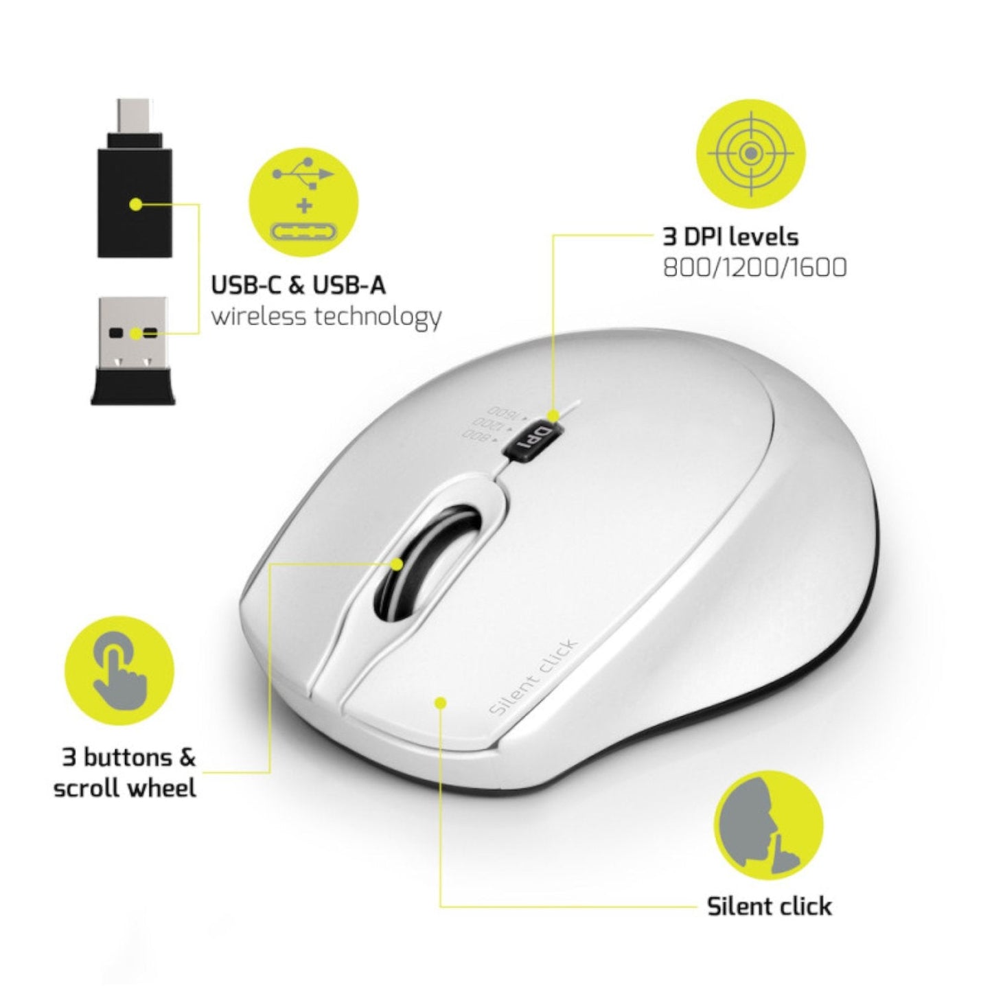 Port Connect Silent 1600DPI 3 Button Wireless Mouse – White Port