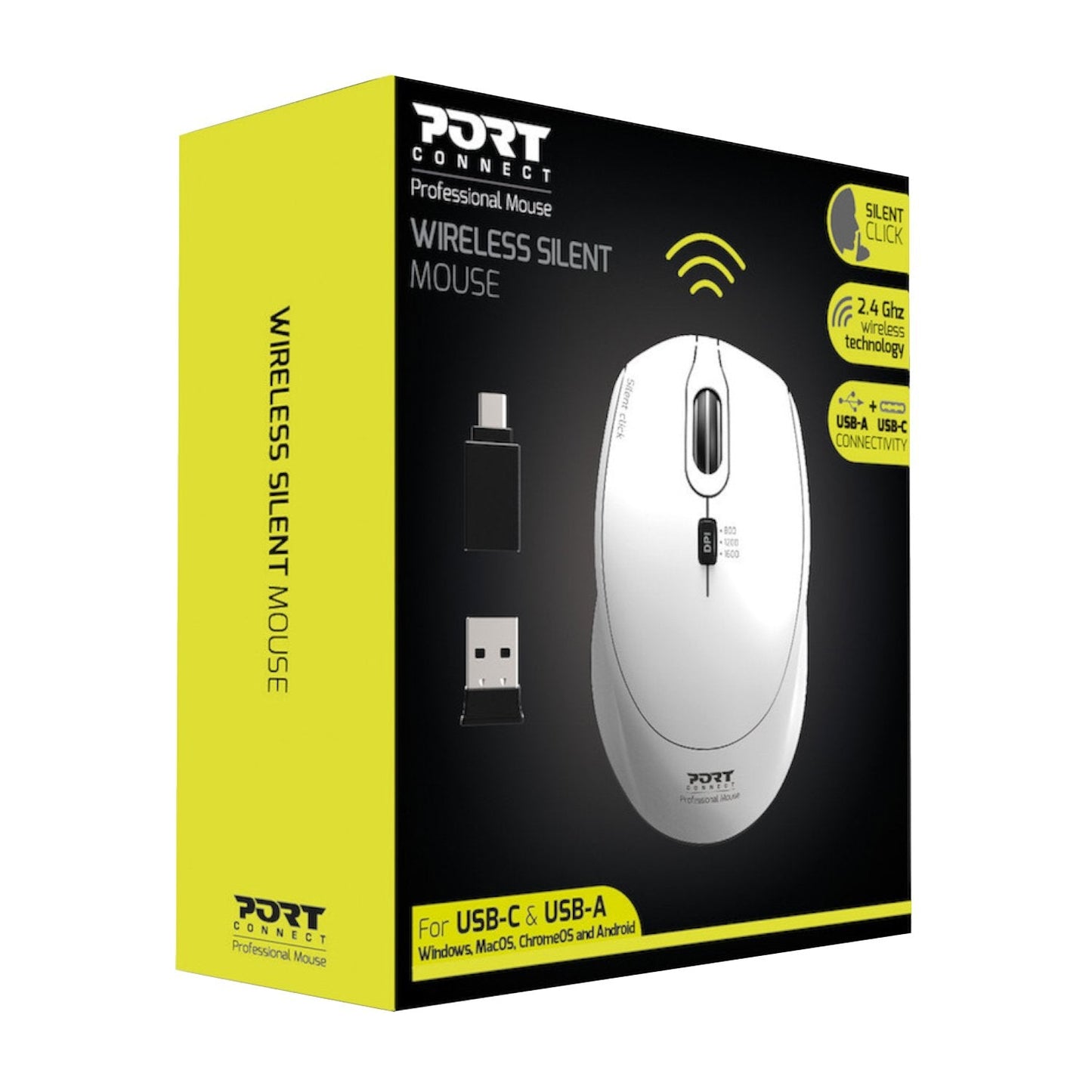 Port Connect Silent 1600DPI 3 Button Wireless Mouse – White Port