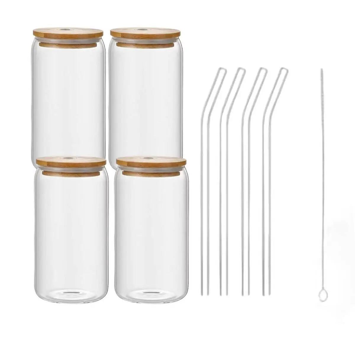 4 Pieces Can Shaped Drinking Glass with Bamboo Lids and Glass Straw Set Y.M Techprops