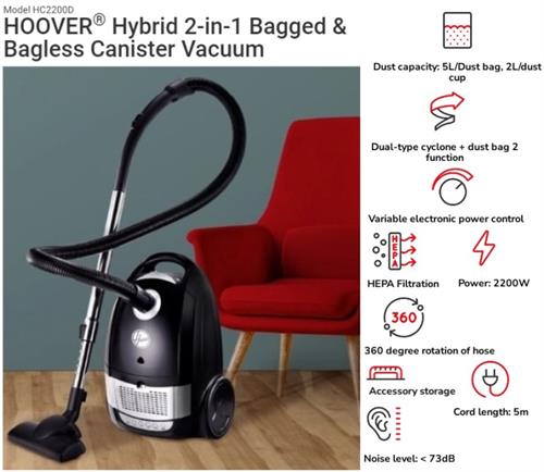 Hoover Hybrid 2 In1 Bagged And Bagless Canister Vacuum Hoover