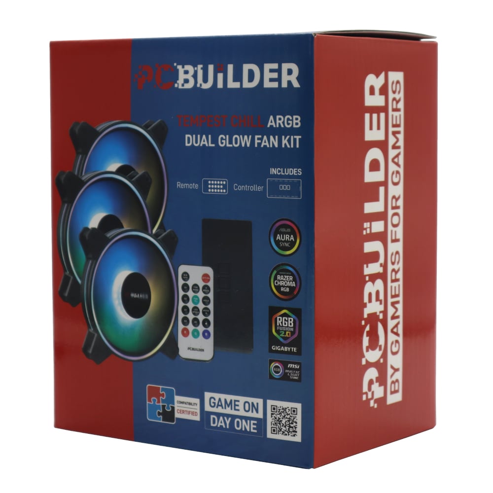 PCBuilder Tempest Chill Fan Kit 3x120MM Dual Glow ARGB Fan + Controller + RF Remote PCBuilder