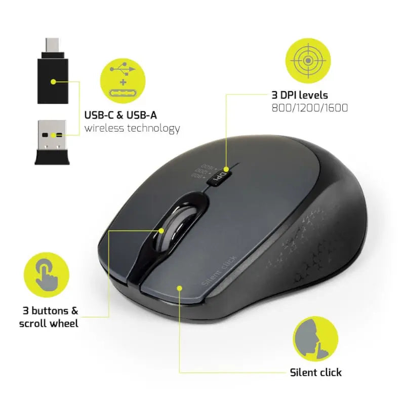 Port Wireless Silent 3600DPI 3 Button USB and Type-C Dongle Mouse – Black Port