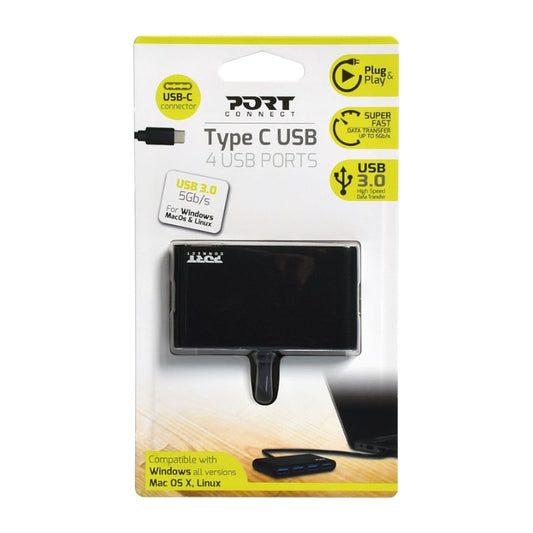 Port USB Type-C to 4 x USB3.0 5Gbps 30cm 4 Port Hub – Black Port