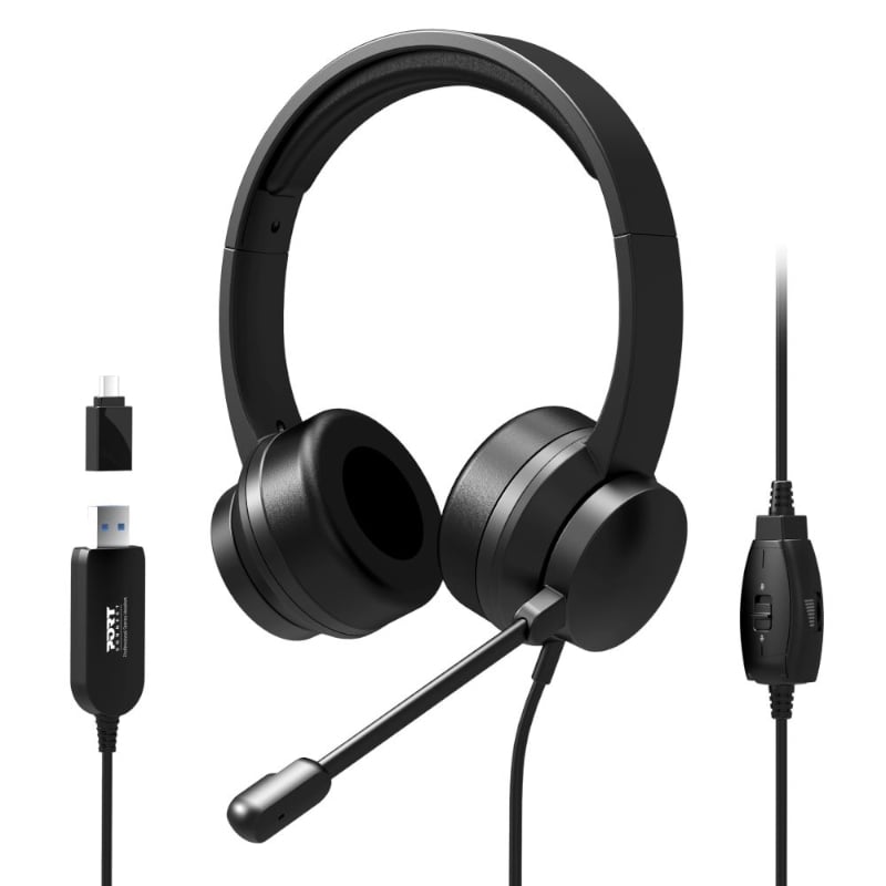 Port Connect USB Headset 1.8m Cable with Mic and Padded/Soft Cushions Black Port